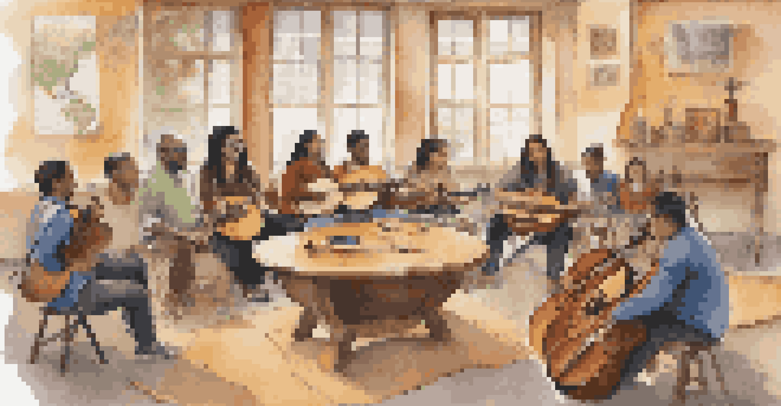 A group of students from diverse backgrounds collaborating on music, surrounded by traditional instruments and a world map, promoting cultural appreciation.