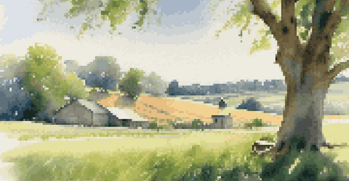 A farmer in a green field playing classical music from a portable speaker, with sunlight shining on healthy crops under a blue sky.