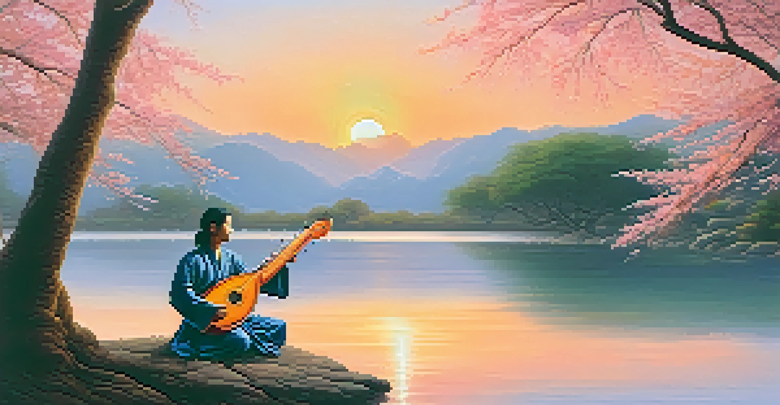 An Asian musician playing a sitar by a peaceful lake during sunset, with cherry blossom trees in the foreground reflecting the vibrant colors of the sky.