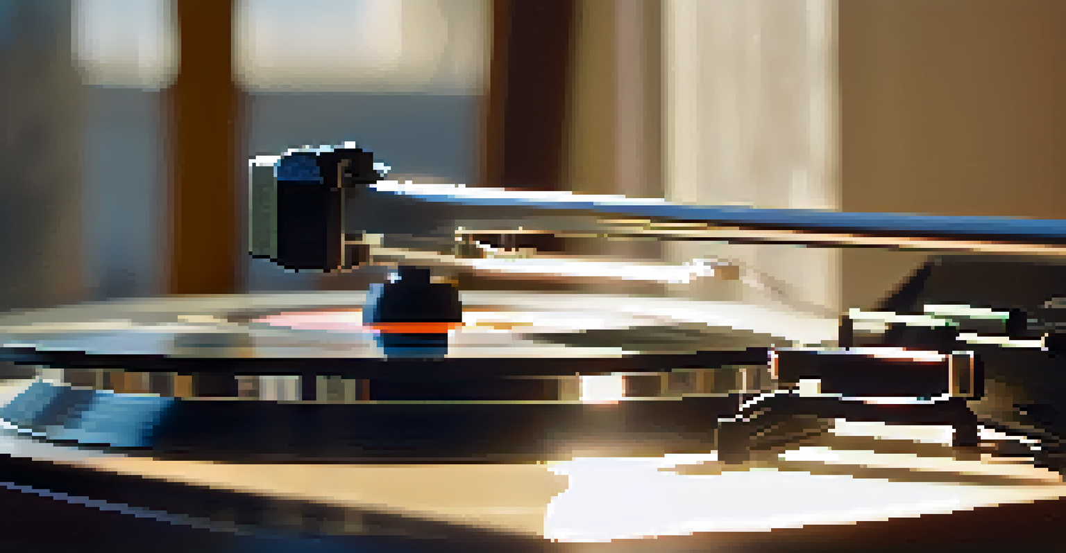 A close-up of a spinning vinyl record on a turntable with sunlight and shadows, creating a nostalgic atmosphere.