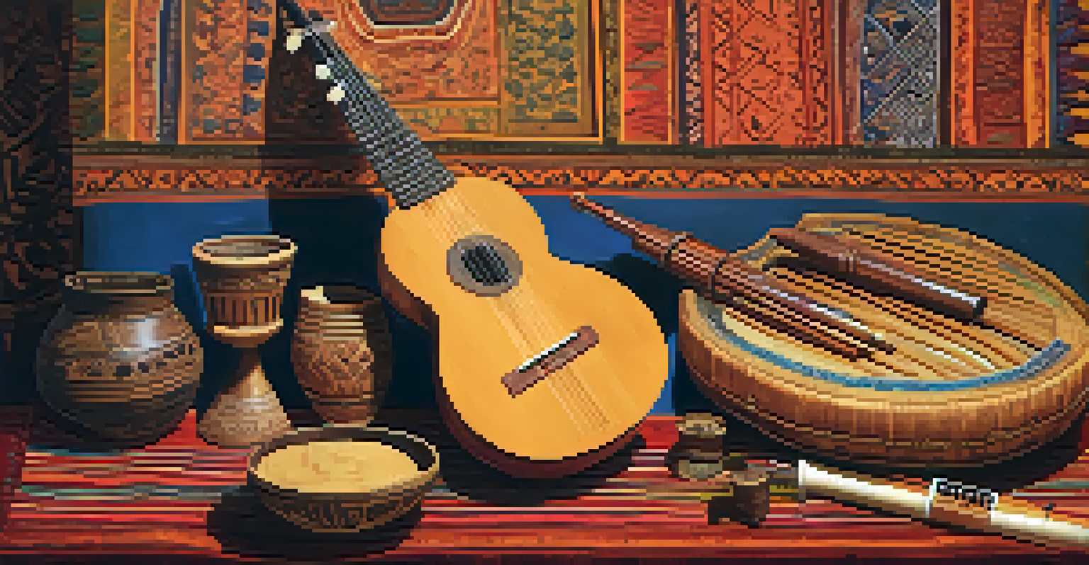 A collection of traditional musical instruments from different cultures on a table with textiles in the background.