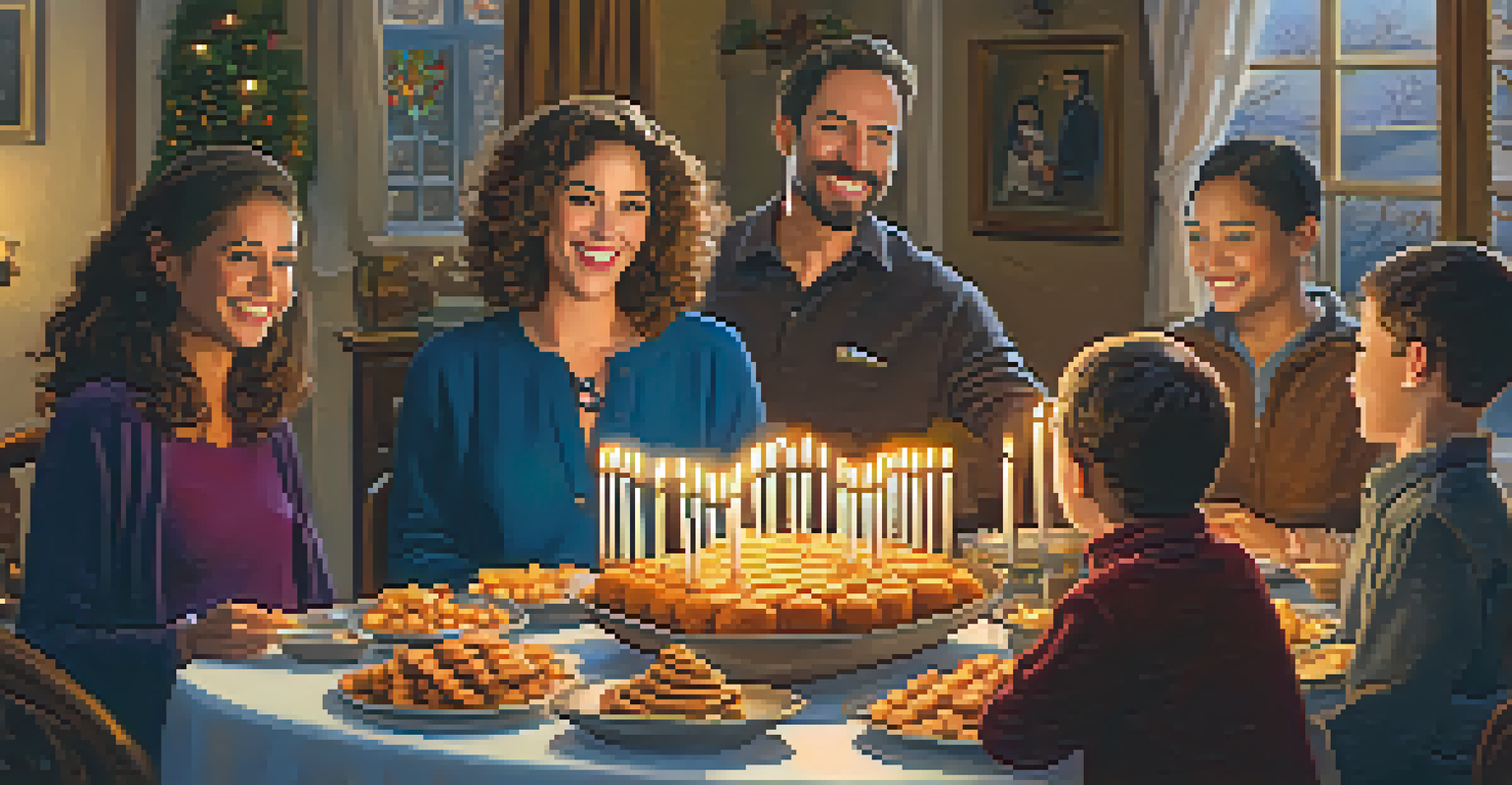 A family celebrating Hanukkah, lighting the menorah with warm candlelight, surrounded by traditional foods and festive decorations.