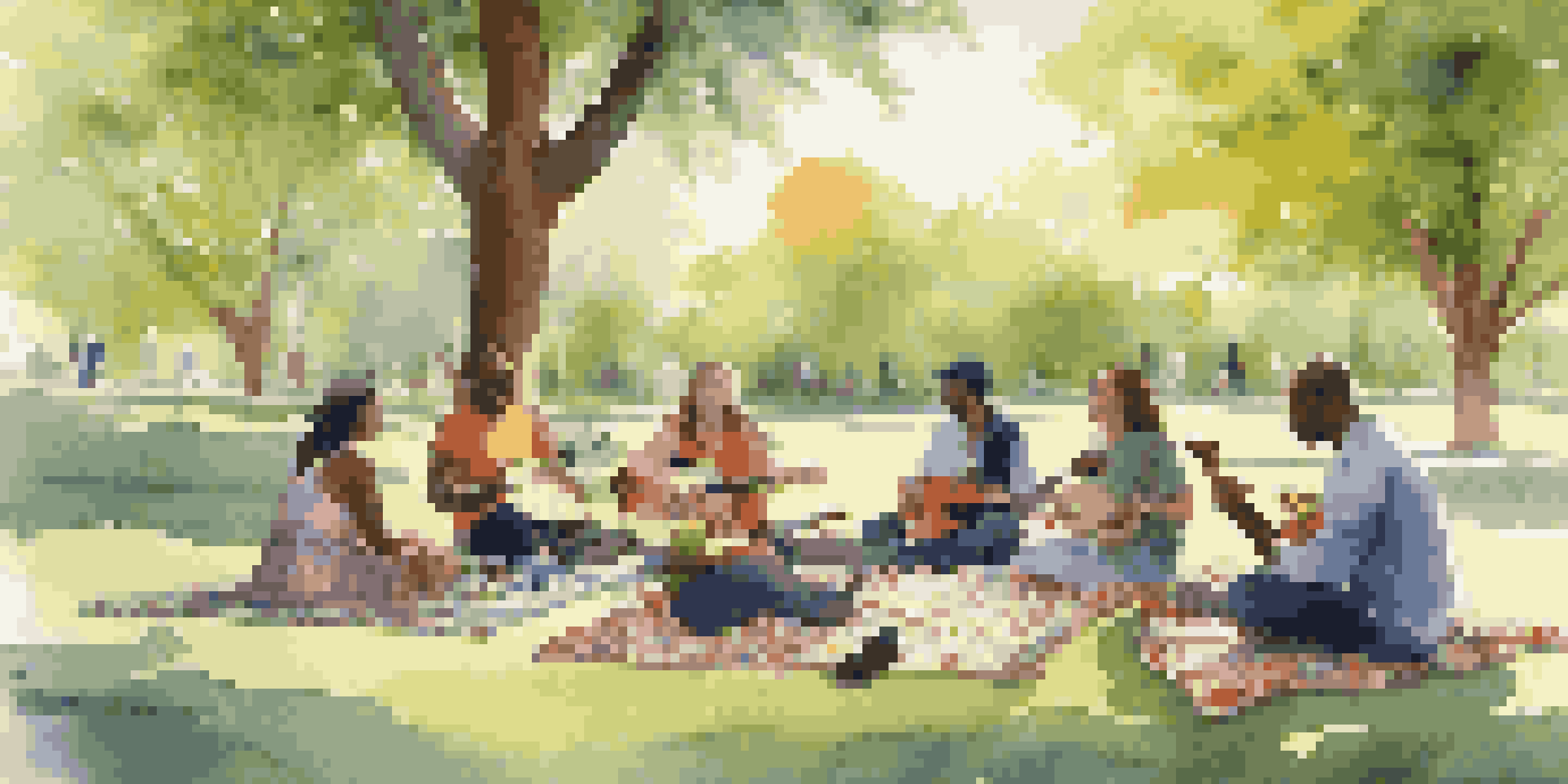 A diverse group of people participating in a music therapy session in a park, surrounded by trees and nature, with instruments scattered around.