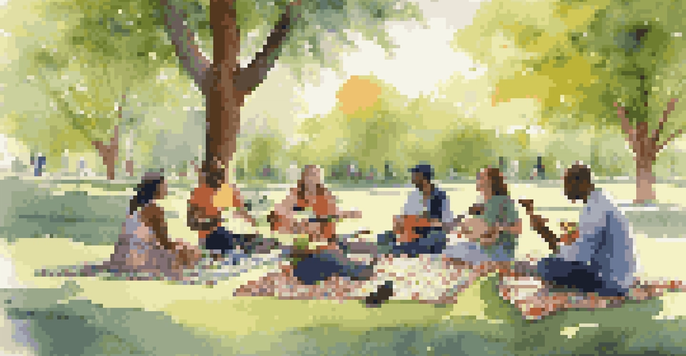 A diverse group of people participating in a music therapy session in a park, surrounded by trees and nature, with instruments scattered around.