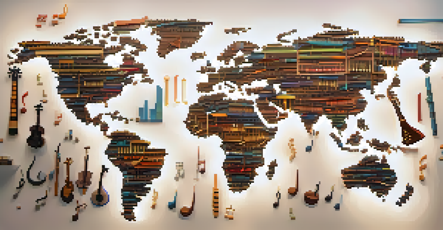A colorful world map made of music notes and instruments, representing global musical diversity and connections.