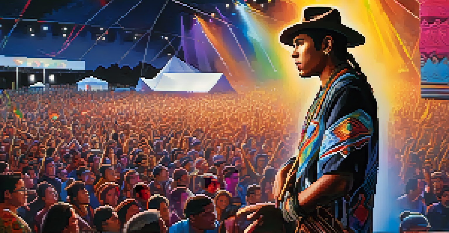 A contemporary Indigenous musician performing on stage at a festival, with a blend of traditional and modern clothing and vibrant stage lighting.
