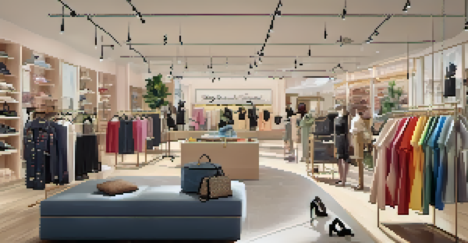 A fashionable boutique with shoppers trying on clothes and enjoying the trendy atmosphere.