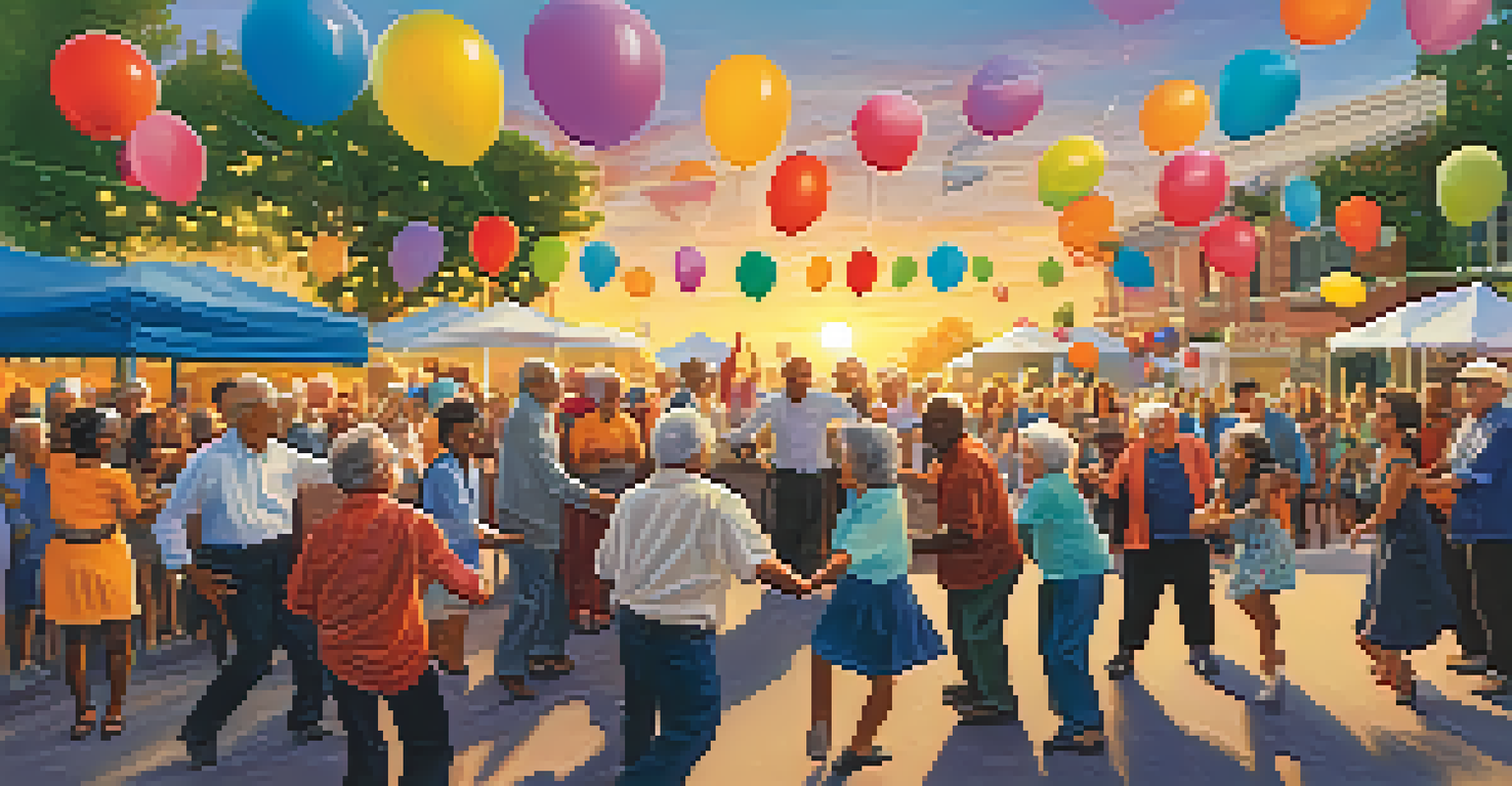 Seniors dancing joyfully at an outdoor community event with a live band, surrounded by colorful decorations and a sunset backdrop.