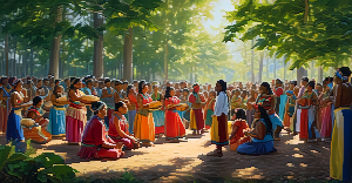 An outdoor Indigenous music ceremony with musicians in traditional attire playing instruments amidst a forest setting, with community members dancing around them.