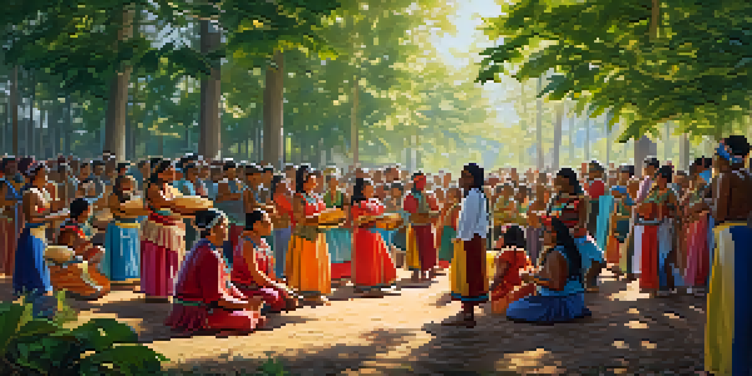 An outdoor Indigenous music ceremony with musicians in traditional attire playing instruments amidst a forest setting, with community members dancing around them.