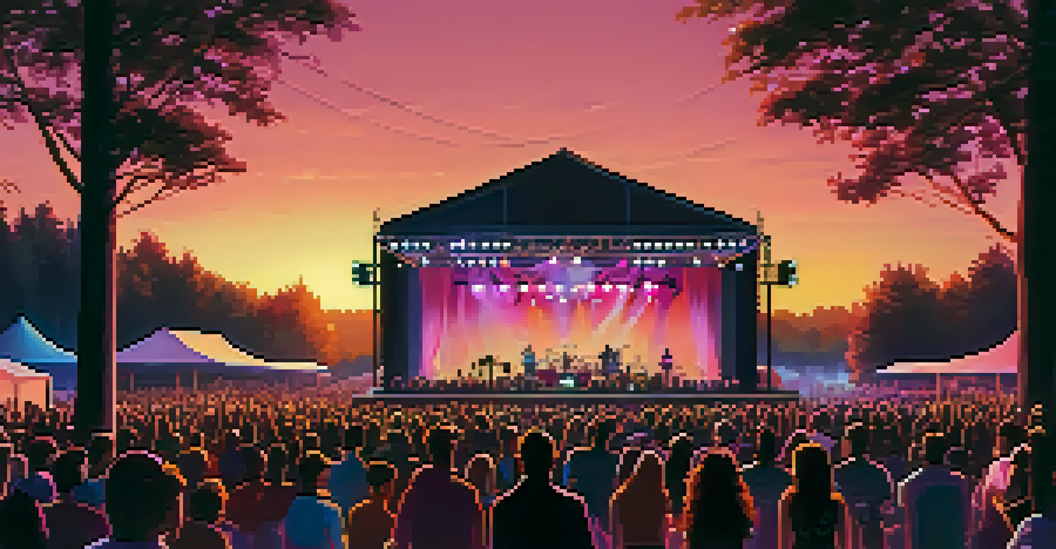 An outdoor concert venue at sunset, with a stage and an excited crowd under a colorful sky.