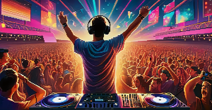A DJ entertaining a lively crowd at an outdoor festival during sunset, with colorful lights and decorations.
