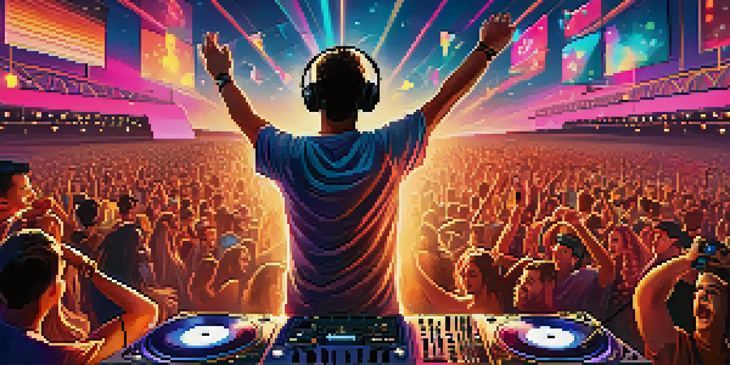 A DJ entertaining a lively crowd at an outdoor festival during sunset, with colorful lights and decorations.