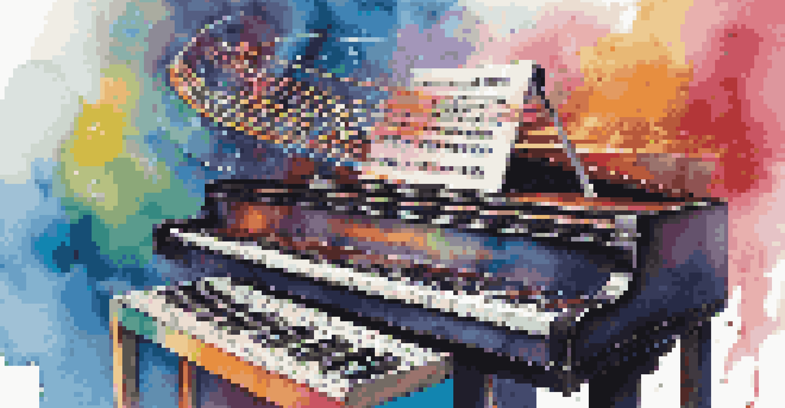 An abstract image of a robotic hand playing a piano, with colorful sound waves in the background.
