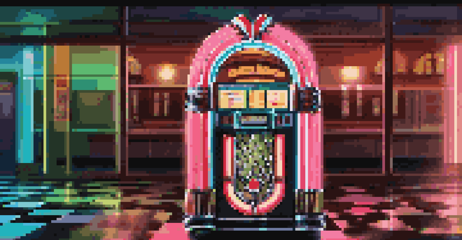 A close-up of a vintage jukebox with neon lights and classic records.