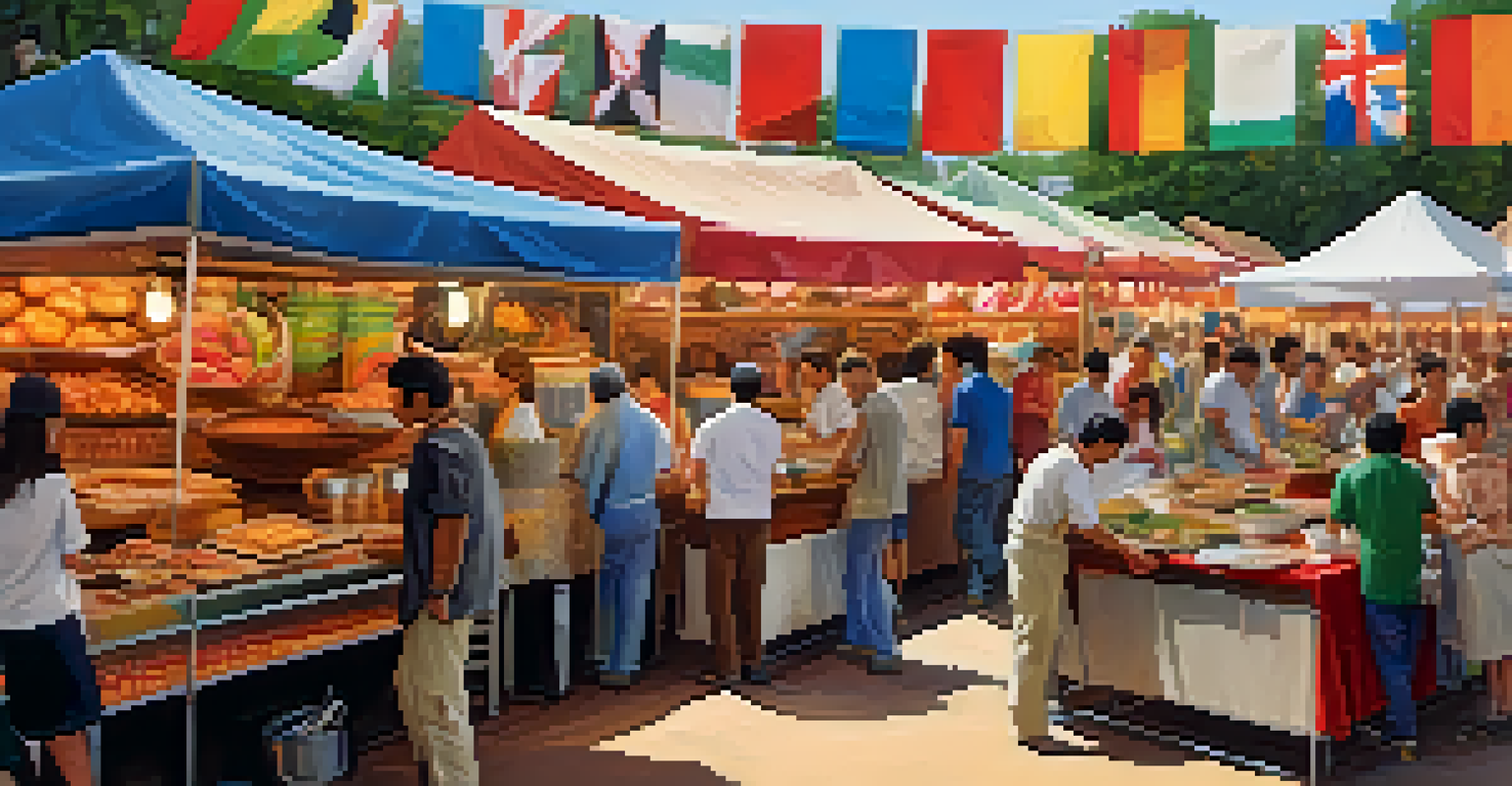 A colorful display of traditional dishes at a music festival food stall, with festival-goers sampling food and a banner showcasing local culinary heritage.