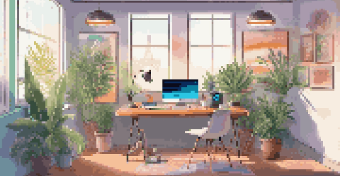 A modern workspace with a laptop showing a music licensing website, colorful sound wave graphics, and plants, illuminated by natural light.