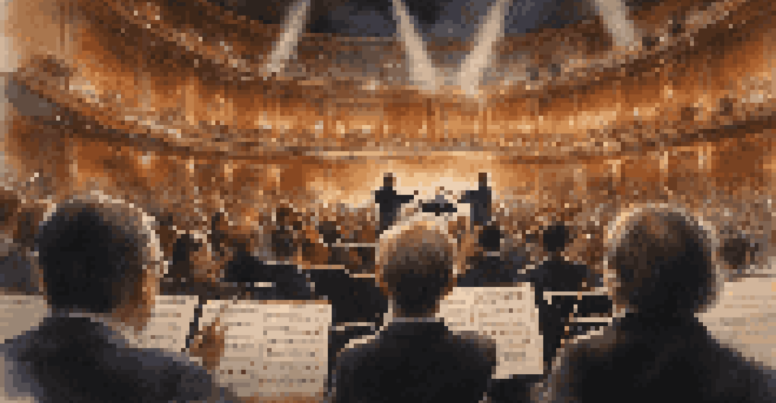 A conductor leading an orchestra with expressive hand movements, illuminated by warm stage lights during a film scoring session.