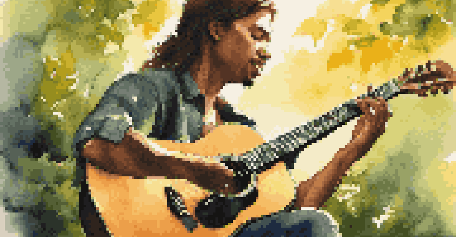 A musician playing an acoustic guitar in a sunlit natural setting, embodying a connection between music and environmental advocacy.