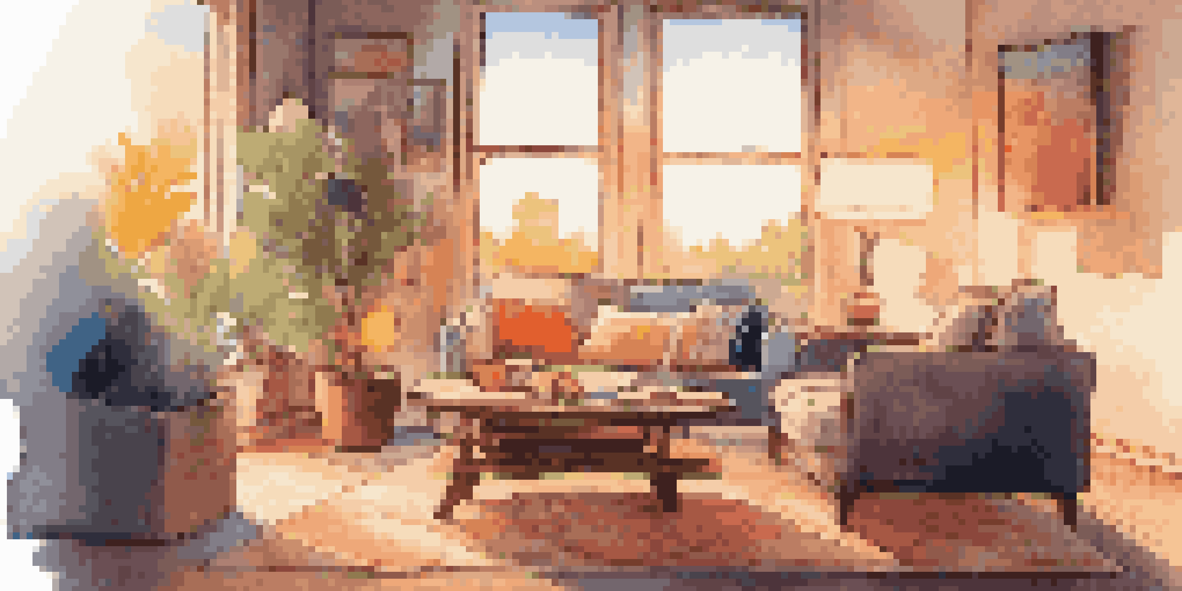 A modern living room with a smart speaker on a coffee table, warm lighting, and an abstract painting in the background.
