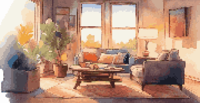 A modern living room with a smart speaker on a coffee table, warm lighting, and an abstract painting in the background.