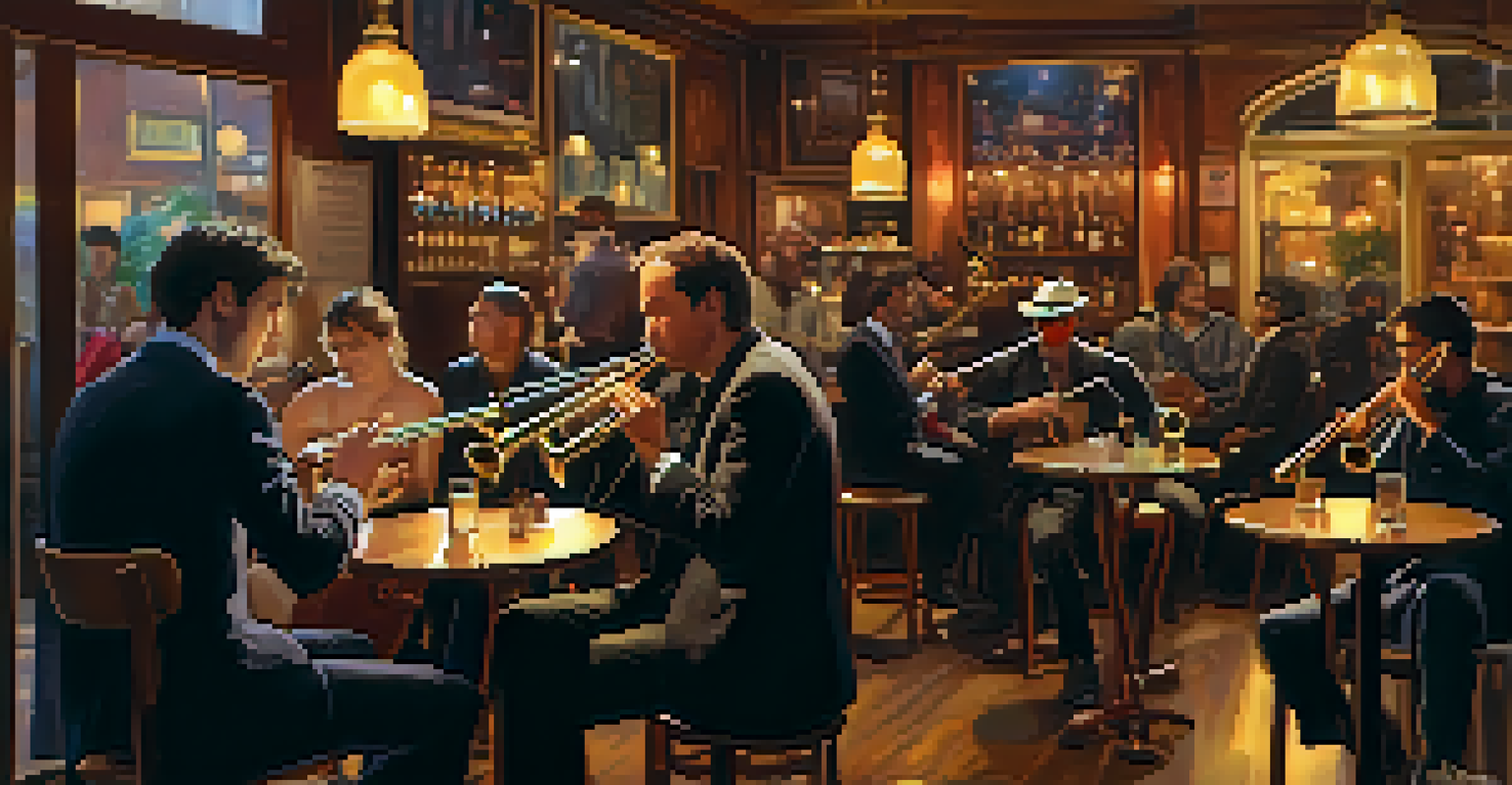 A cozy café with a small jazz band performing, featuring warm lighting and patrons enjoying drinks.