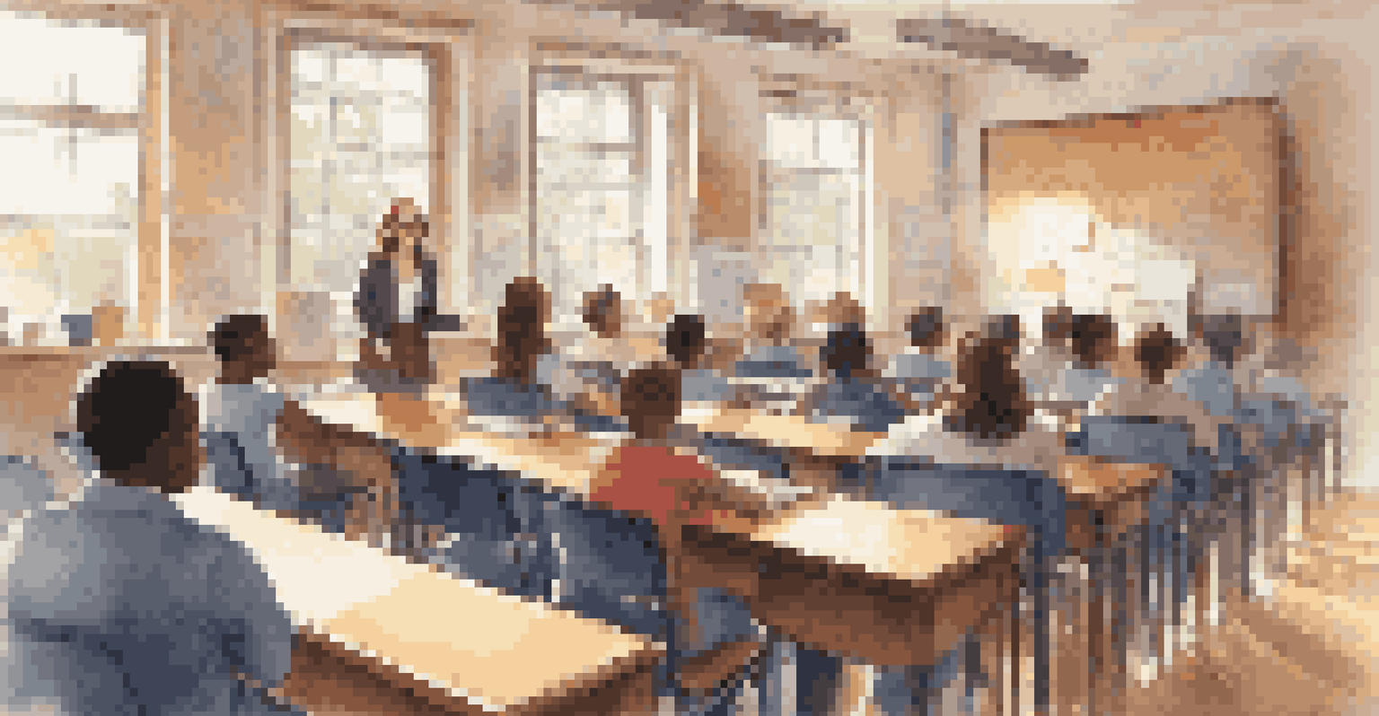 A classroom with microphones and speakers arranged to prevent feedback, showing a teacher and students in a bright environment.