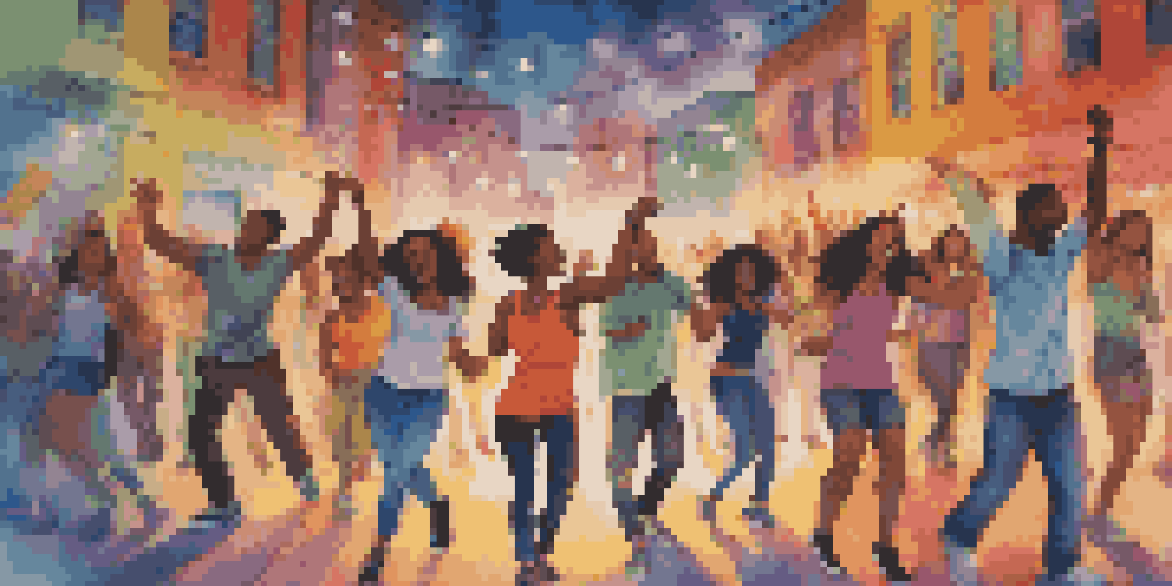A diverse group of young adults enjoying a lively dance in an urban environment with colorful street art in the background.