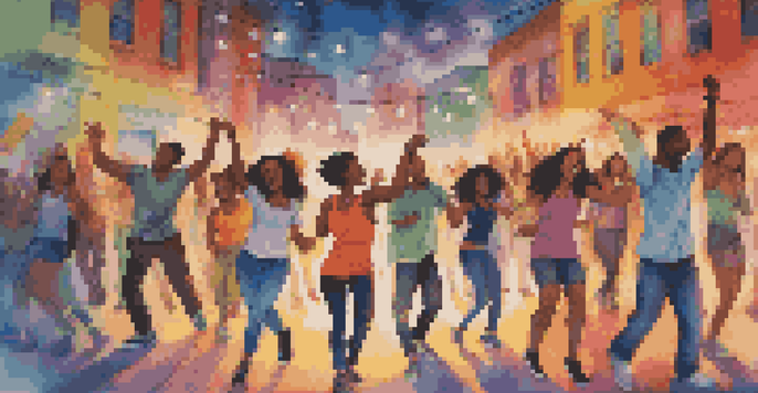 A diverse group of young adults enjoying a lively dance in an urban environment with colorful street art in the background.