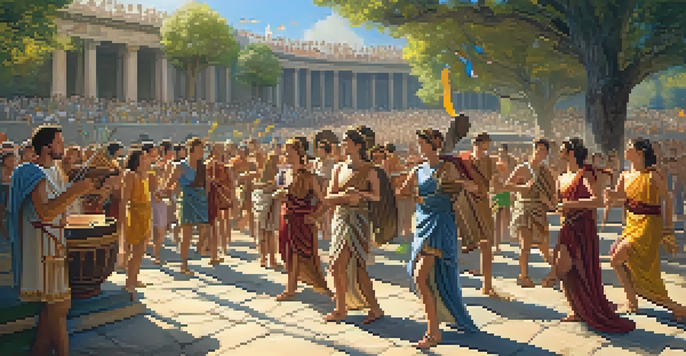 An ancient Roman festival with musicians playing traditional instruments and a lively crowd in colorful togas.