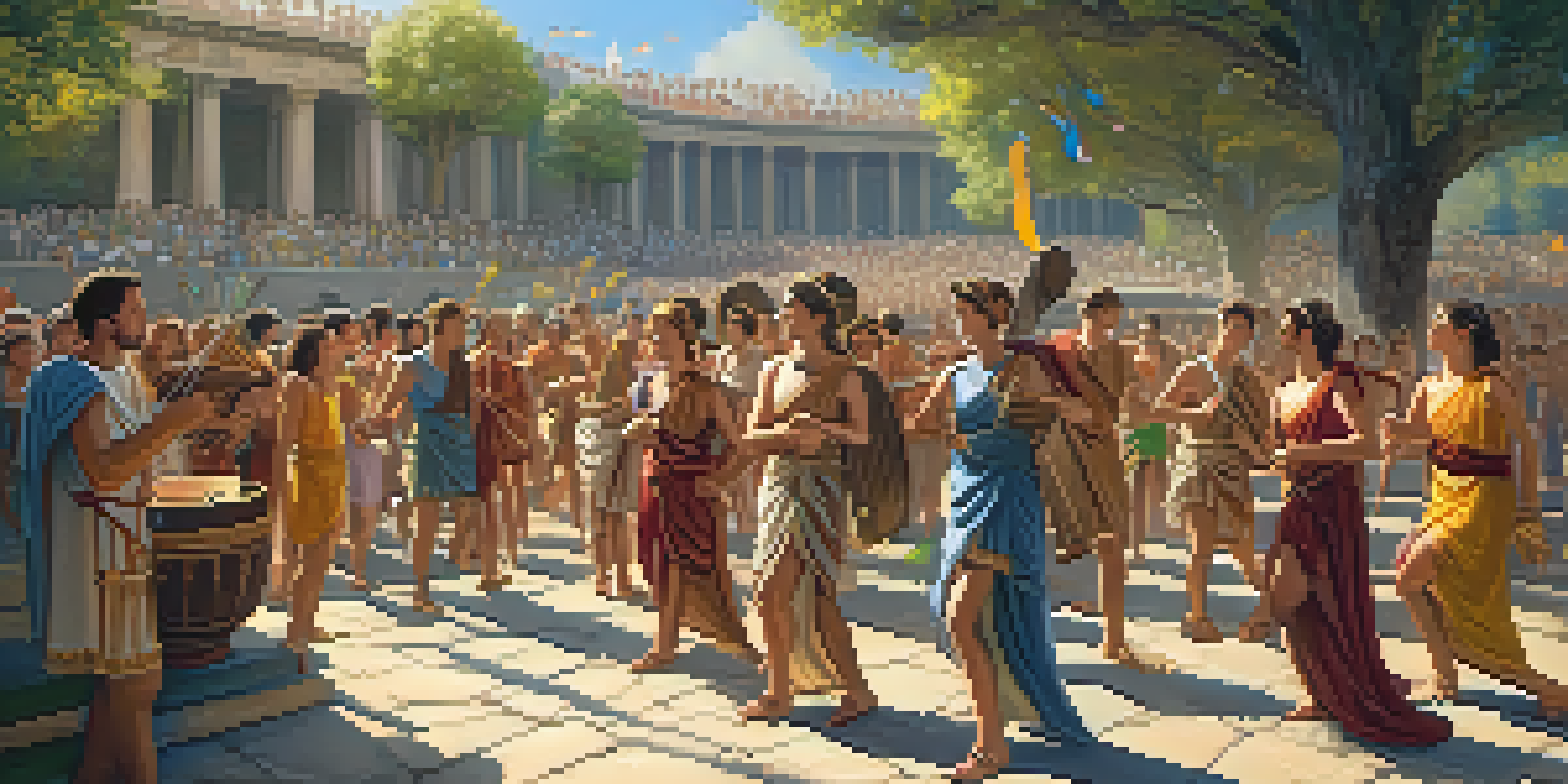 An ancient Roman festival with musicians playing traditional instruments and a lively crowd in colorful togas.