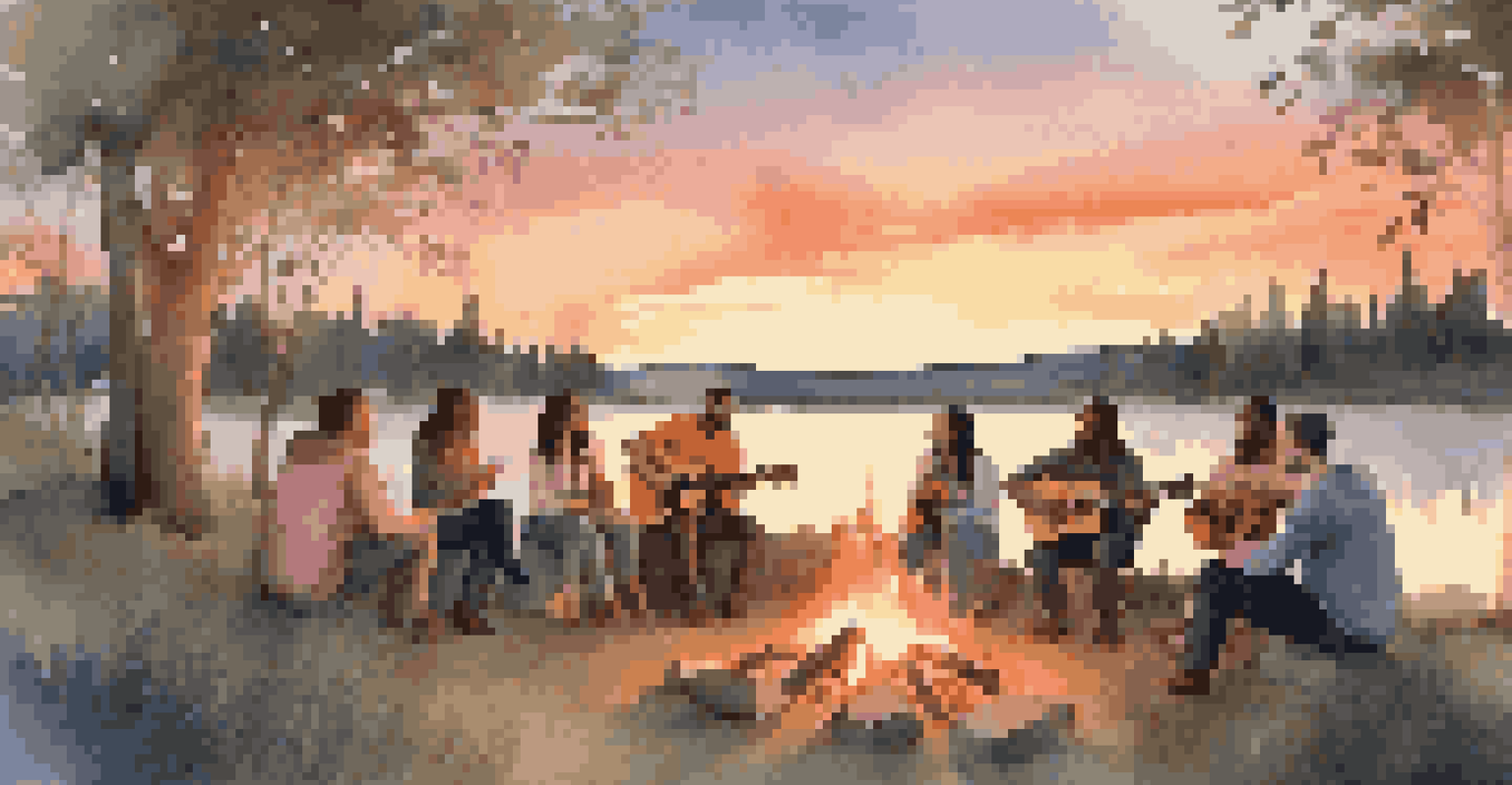 A group of friends around a campfire at sunset, playing instruments and singing, with a warm and joyful atmosphere.
