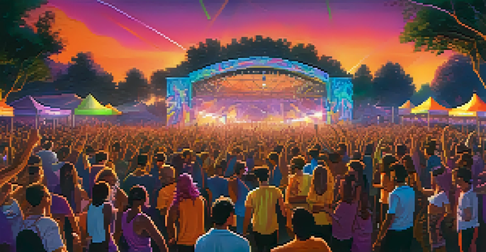 A lively outdoor rave with a diverse crowd dancing at sunset, colorful lights illuminating the scene, and a vibrant stage in the background.