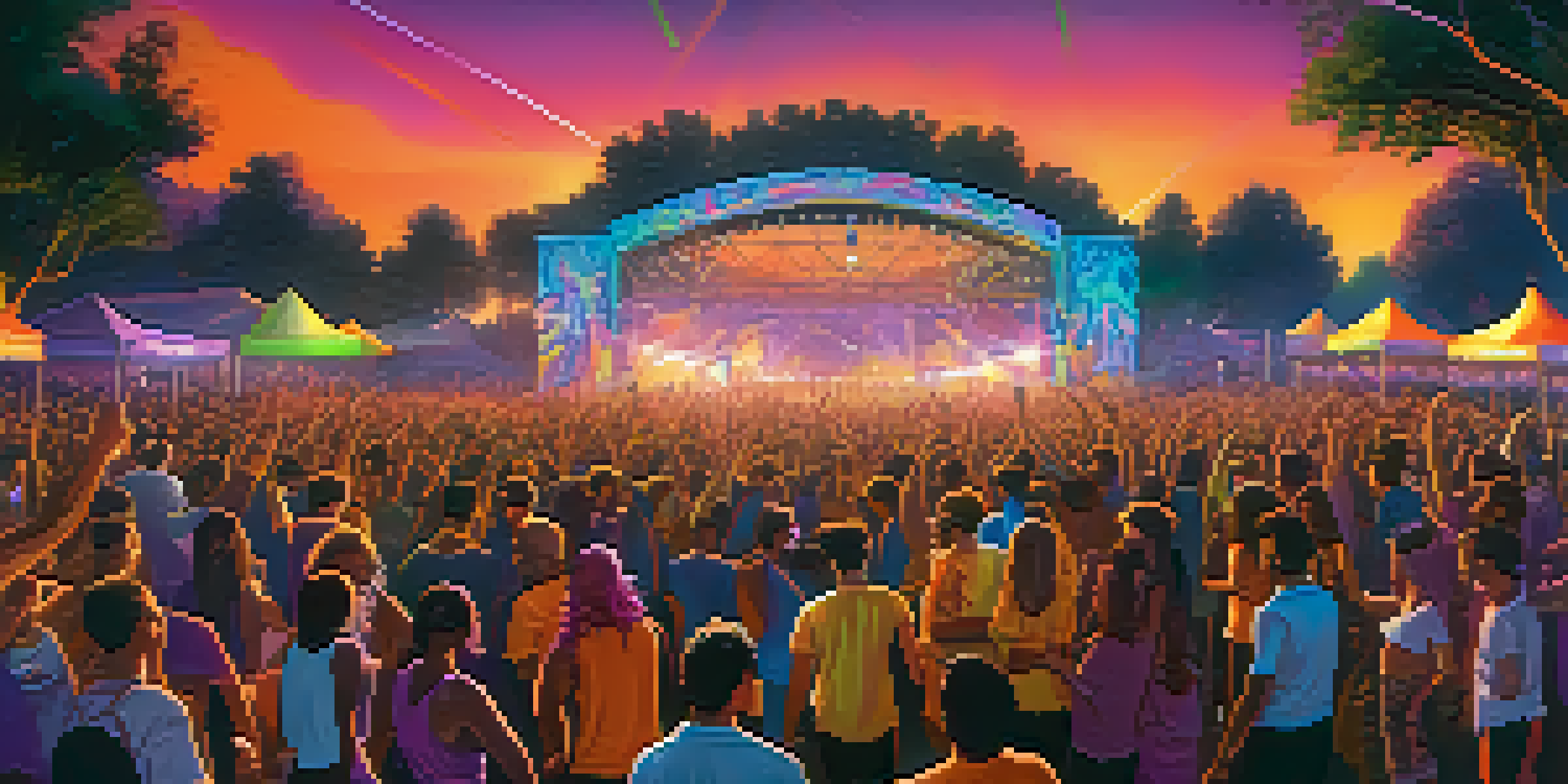A lively outdoor rave with a diverse crowd dancing at sunset, colorful lights illuminating the scene, and a vibrant stage in the background.