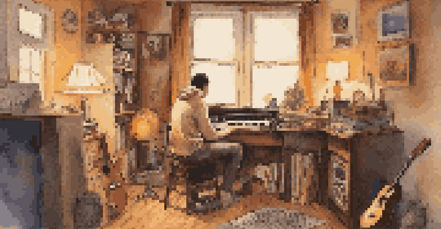 A person writing lyrics in a cozy room filled with musical instruments and warm lighting.