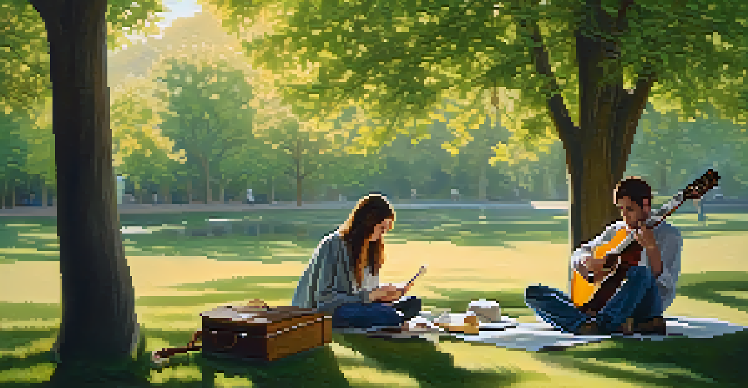 Two songwriters on a picnic blanket in a park, writing notes with a guitar beside them and trees casting dappled sunlight.