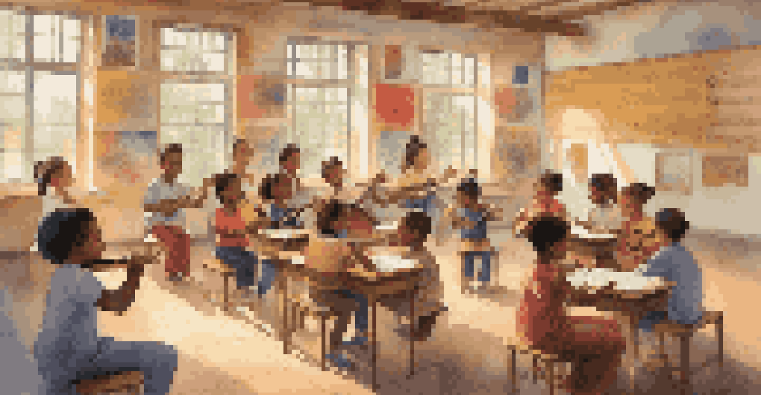 A classroom filled with children learning about cultural music, guided by an experienced musician, with colorful posters and sunlight streaming through the windows.
