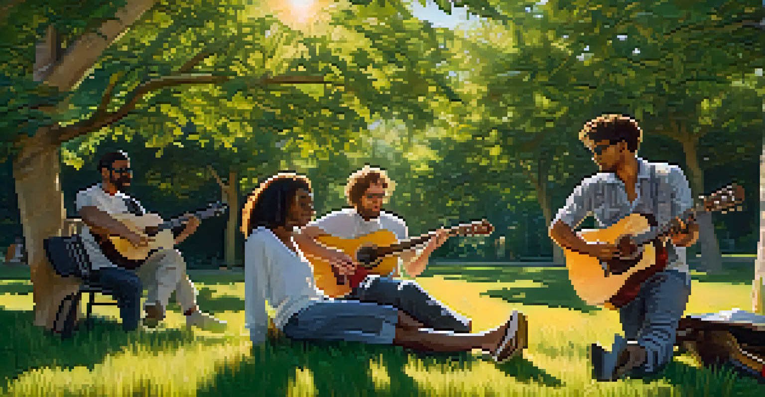 Musicians gathered outdoors under a tree, brainstorming and sharing ideas for a new song, with instruments and notebooks around them in a sunny environment.
