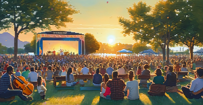 A community concert in a park with diverse people enjoying live music, colorful banners, and musicians performing on stage during sunset.