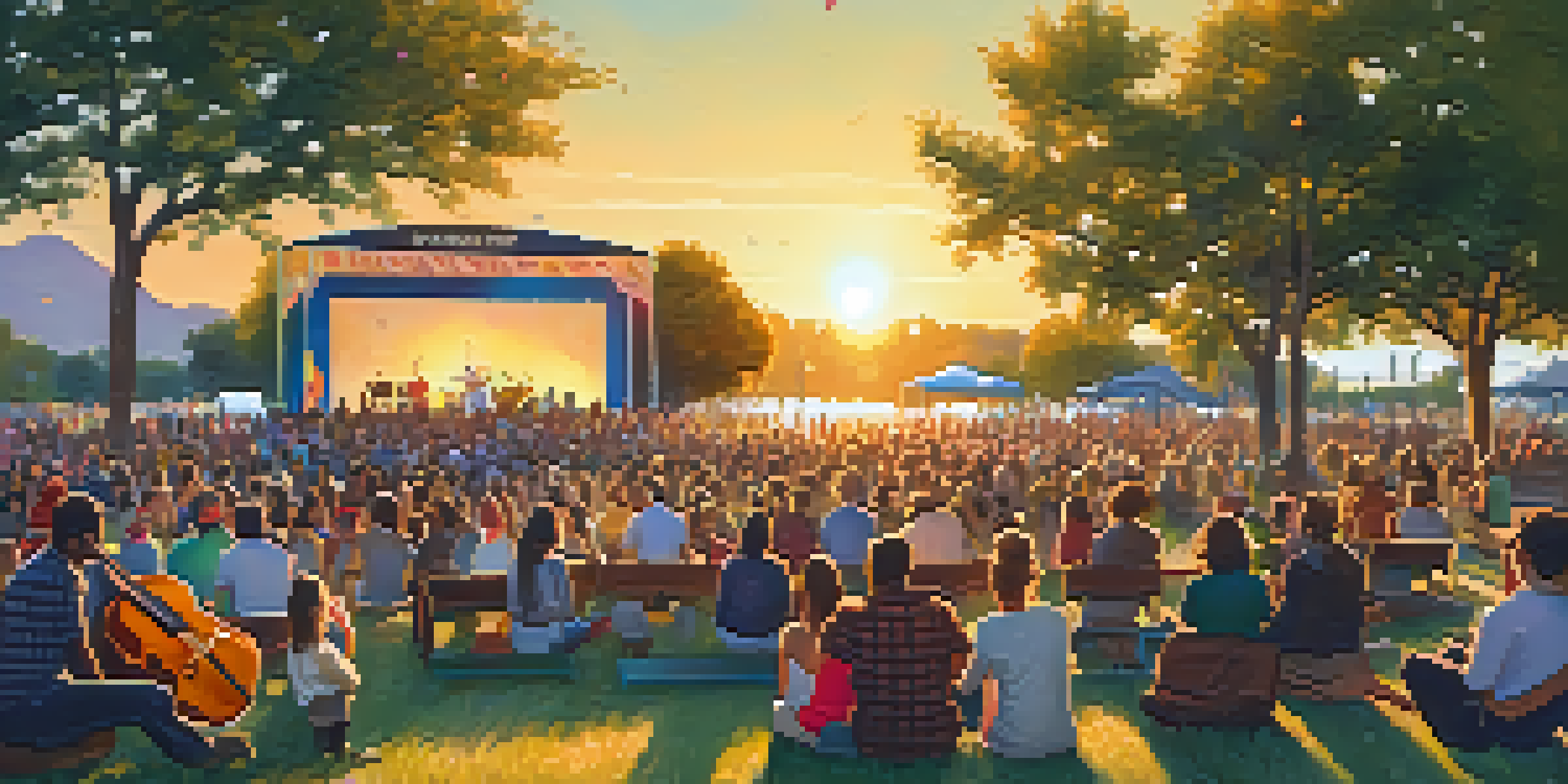 A community concert in a park with diverse people enjoying live music, colorful banners, and musicians performing on stage during sunset.