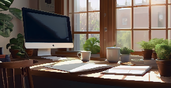 A peaceful workspace with a wooden desk, laptop, notepad, coffee cup, and a potted plant, illuminated by soft morning light.