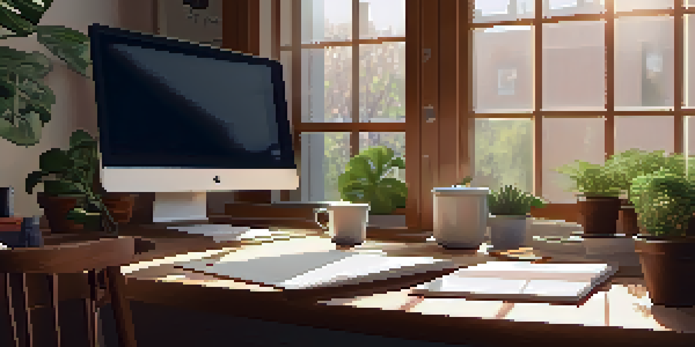 A peaceful workspace with a wooden desk, laptop, notepad, coffee cup, and a potted plant, illuminated by soft morning light.
