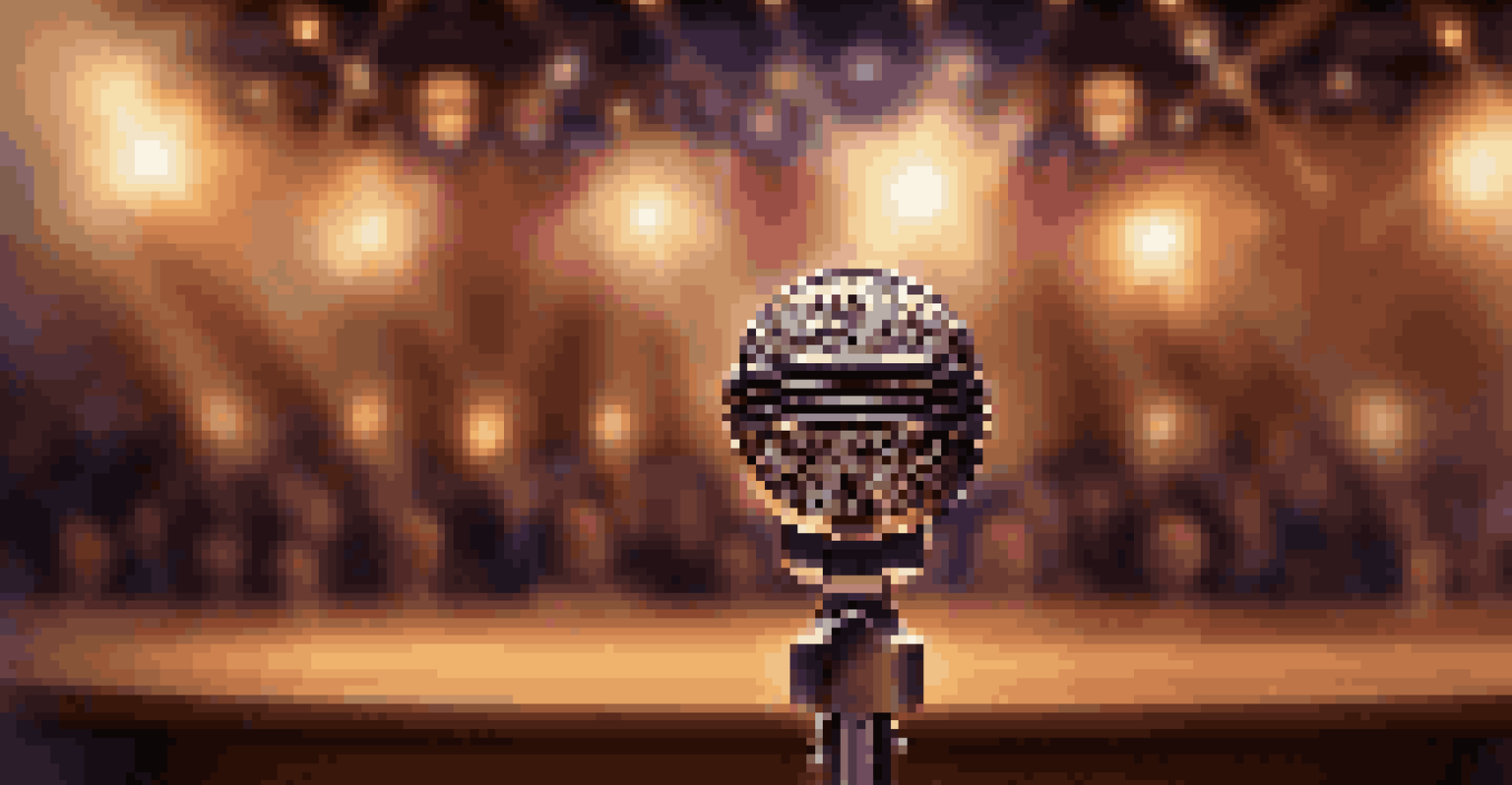 A close-up of a vintage microphone on a wooden stage, with soft lights and blurred silhouettes of an audience in the background.