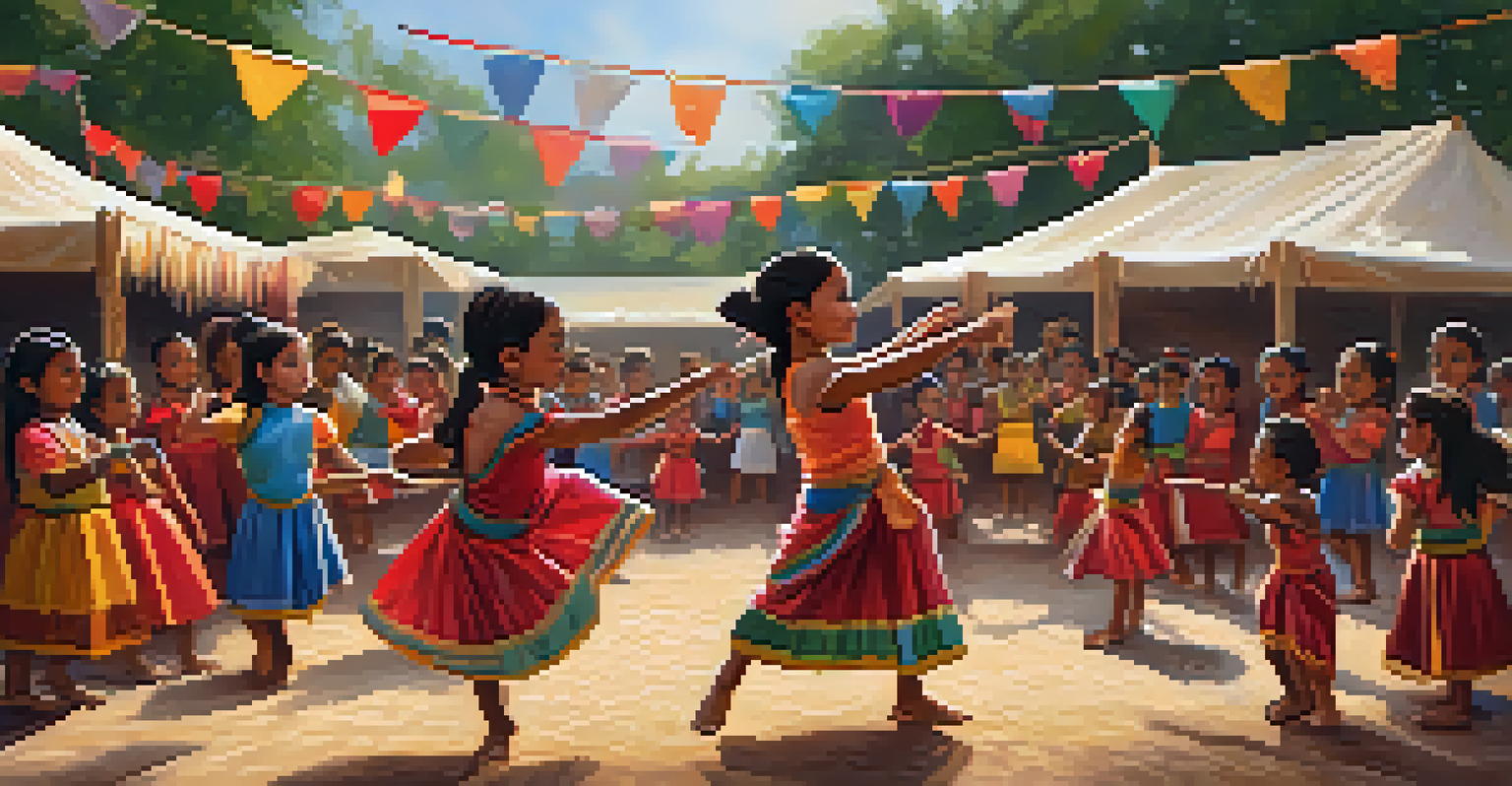 Children participating in a traditional dance workshop at a cultural festival, surrounded by decorations and musicians.