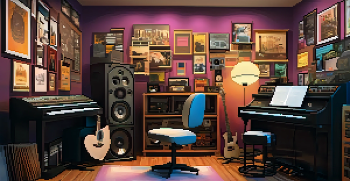 A modern music studio with instruments, sound equipment, and a computer displaying music metadata, illuminated by warm lighting.
