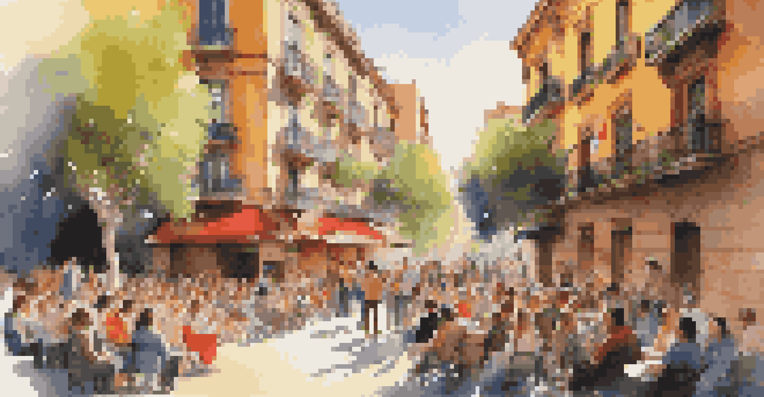 A street performer playing guitar in Barcelona with an audience enjoying the traditional Spanish music against a colorful backdrop.