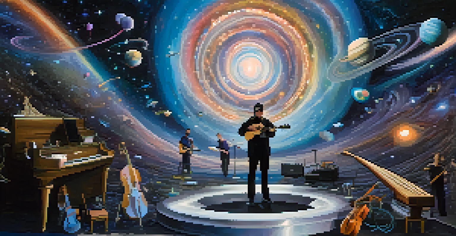 An artist performing on a virtual stage amidst a cosmic environment with galaxies and floating instruments, illuminated by colorful lights.