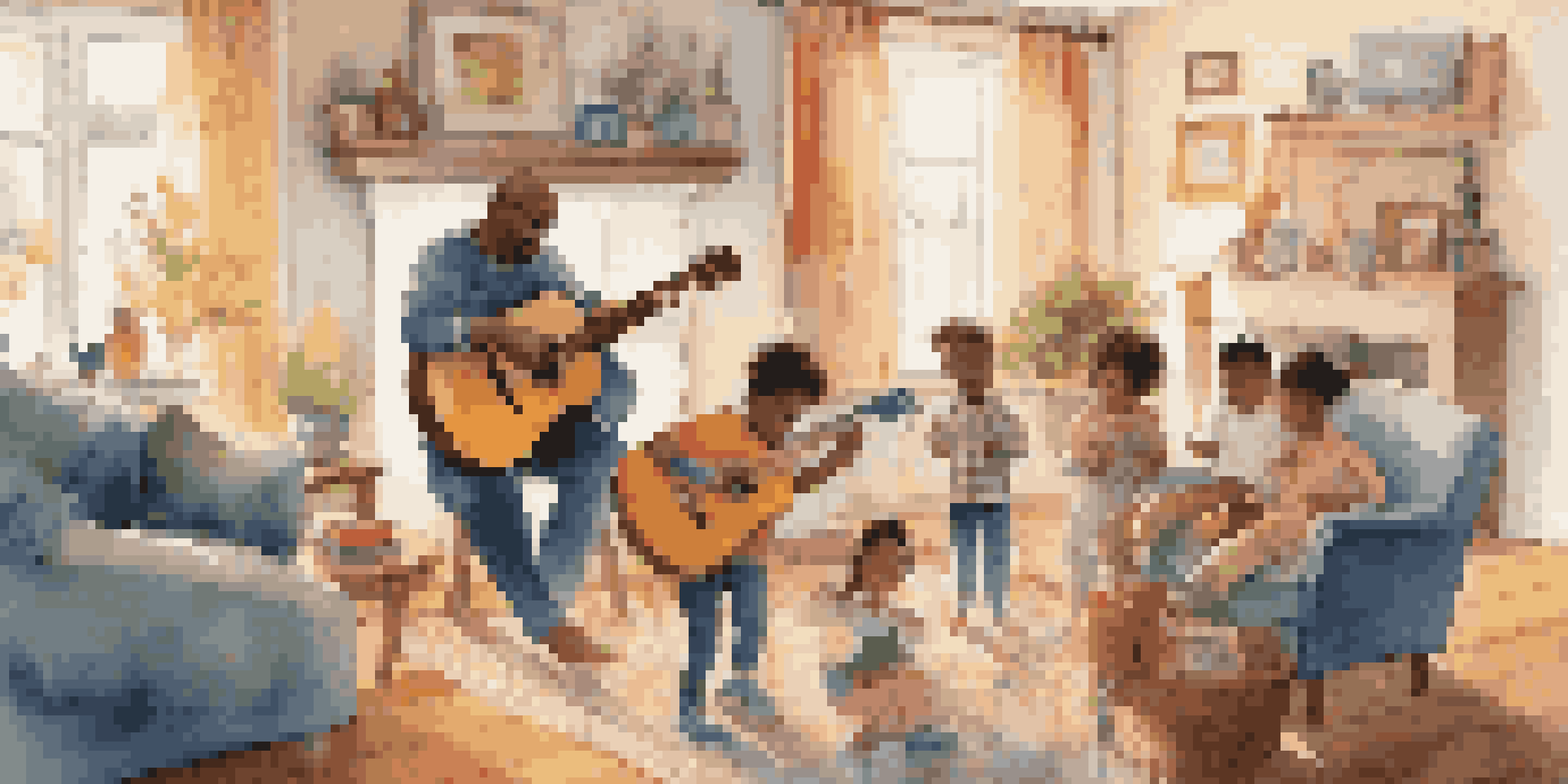 A diverse family singing and dancing together in a cozy living room filled with musical notes.