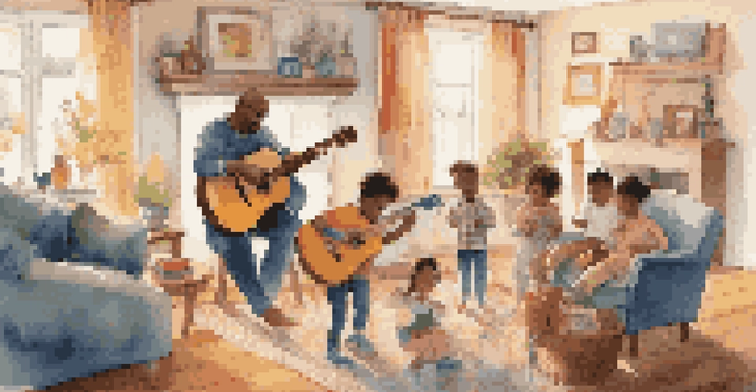 A diverse family singing and dancing together in a cozy living room filled with musical notes.