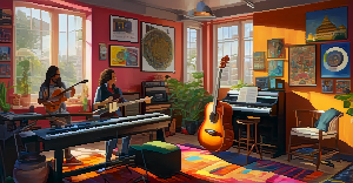 A diverse group of musicians collaborating in a colorful music studio with various instruments and warm sunlight.